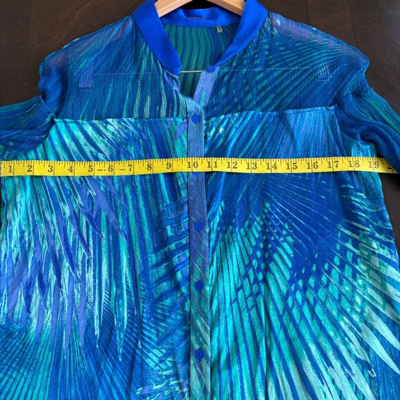 Elie Tahari Blue Green Palm Leaf Silk Sheer Button Down Blouse Womens Sz M - Picture 7 of 7